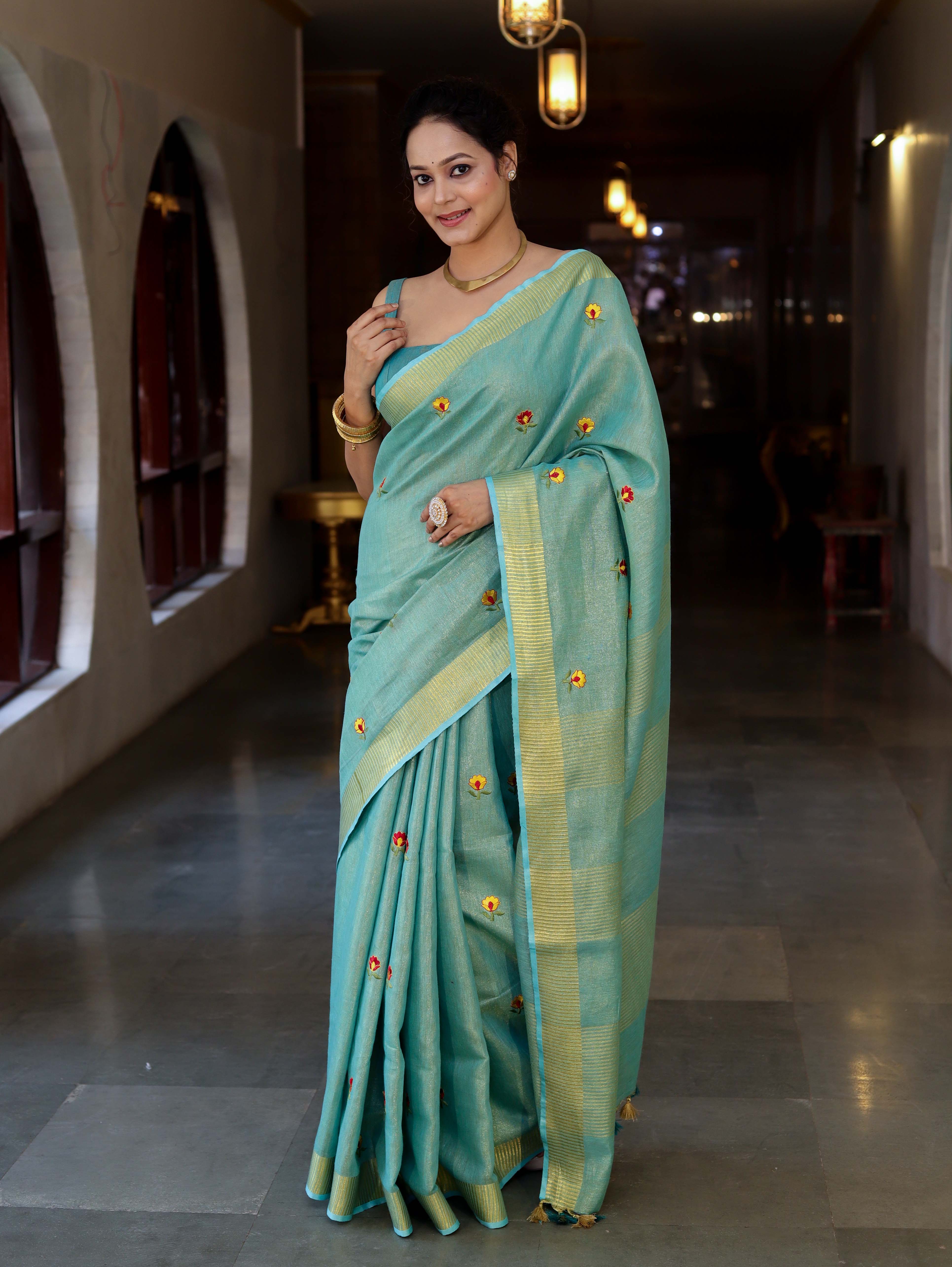Bhagalpur Handloom Linen Tissue Metallic Shine Saree With Hand Woven Floral Motifs-Mint Blue