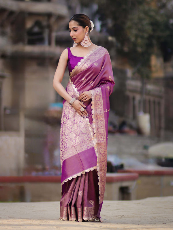 Banarasee Handloom Tissue Saree With Zari Buta Design Border & Lace-Lilac
