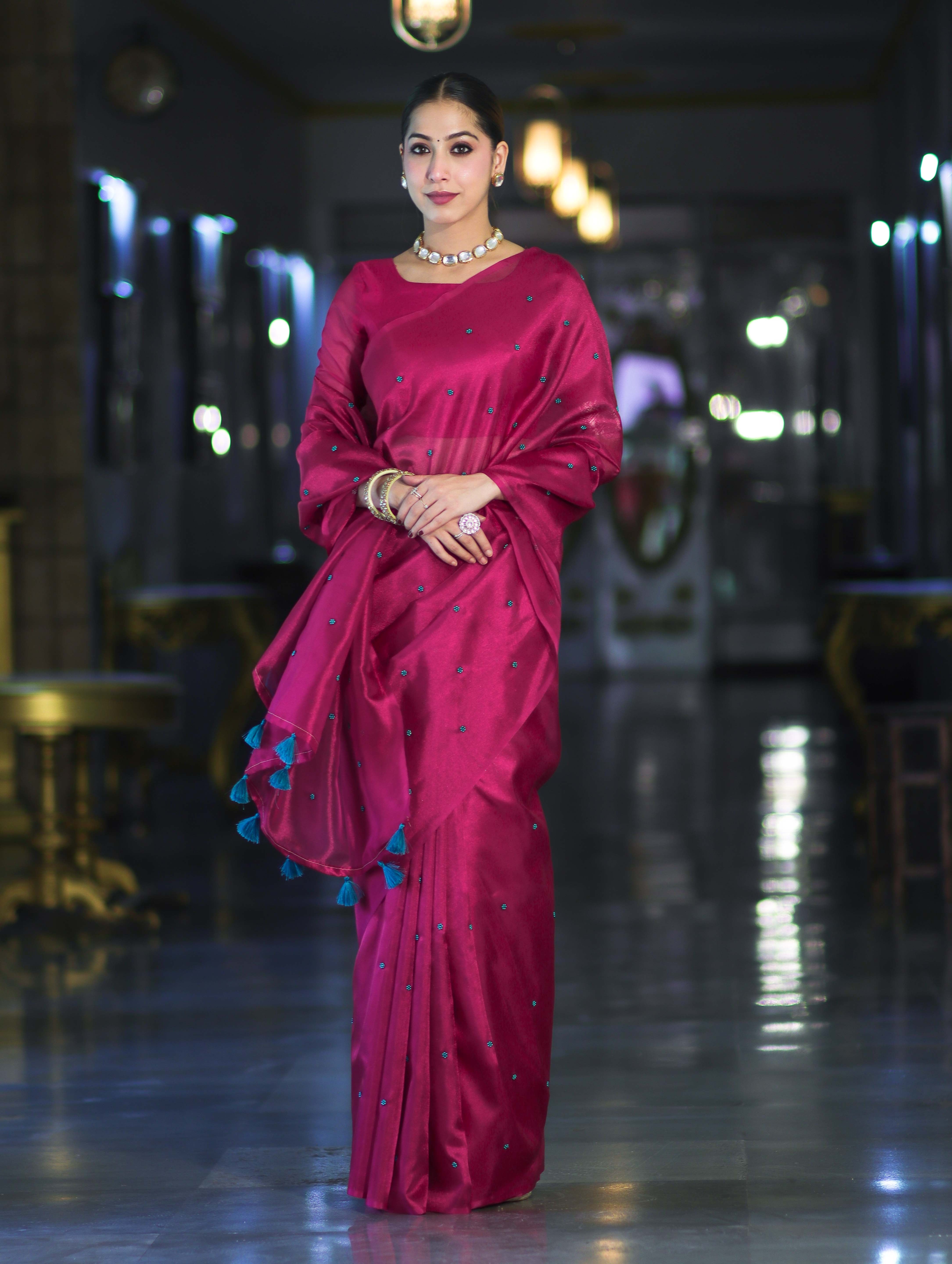 Banarasee Handwoven Tissue Saree With Handwoven Pearl Motifs-Pink