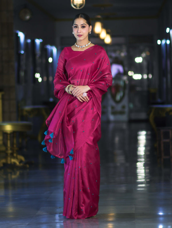Banarasee Handwoven Tissue Saree With Handwoven Pearl Motifs-Pink