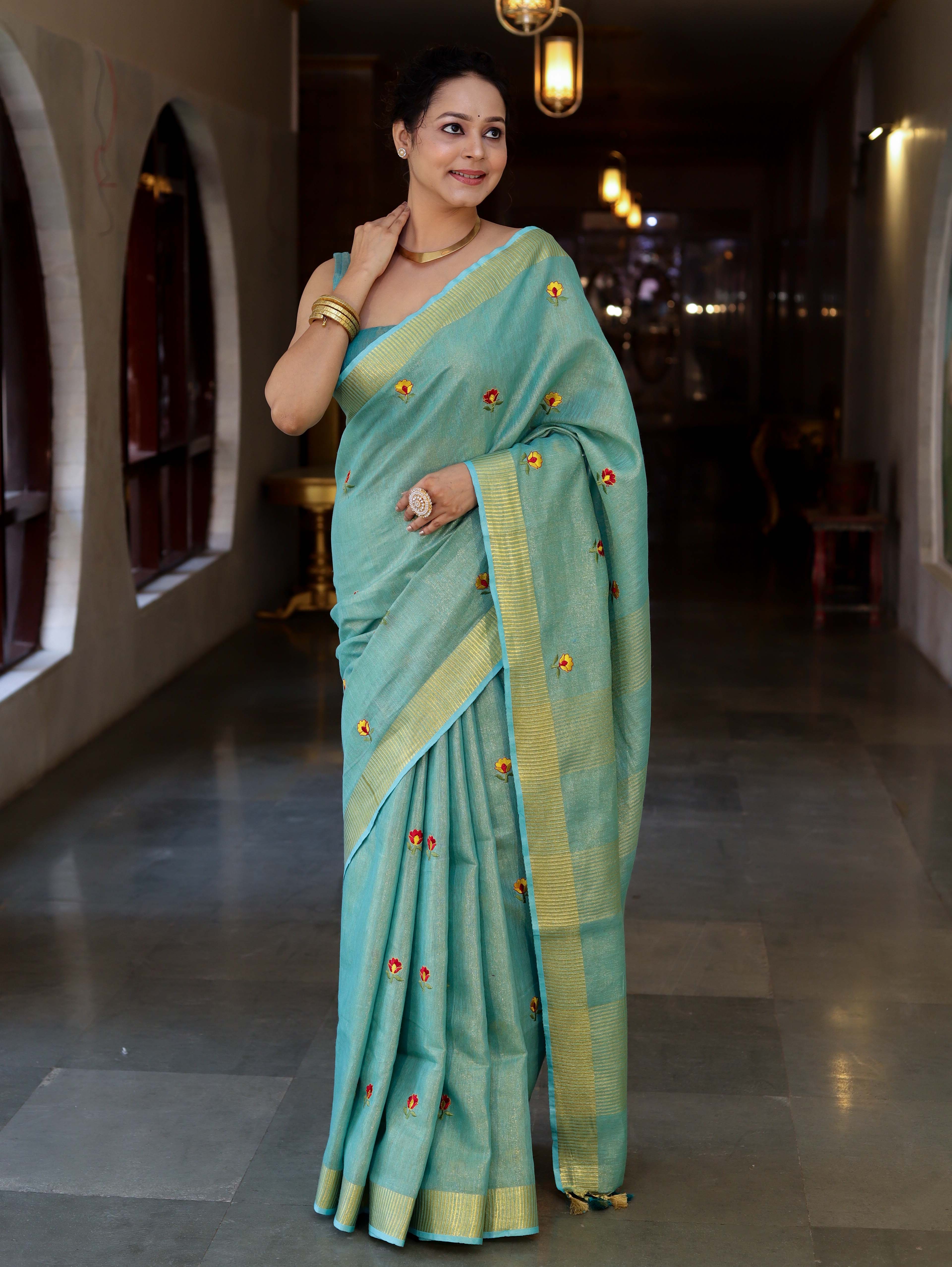 Bhagalpur Handloom Linen Tissue Metallic Shine Saree With Hand Woven Floral Motifs-Mint Blue