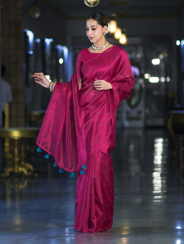 Banarasee Handwoven Tissue Saree With Handwoven Pearl Motifs-Pink