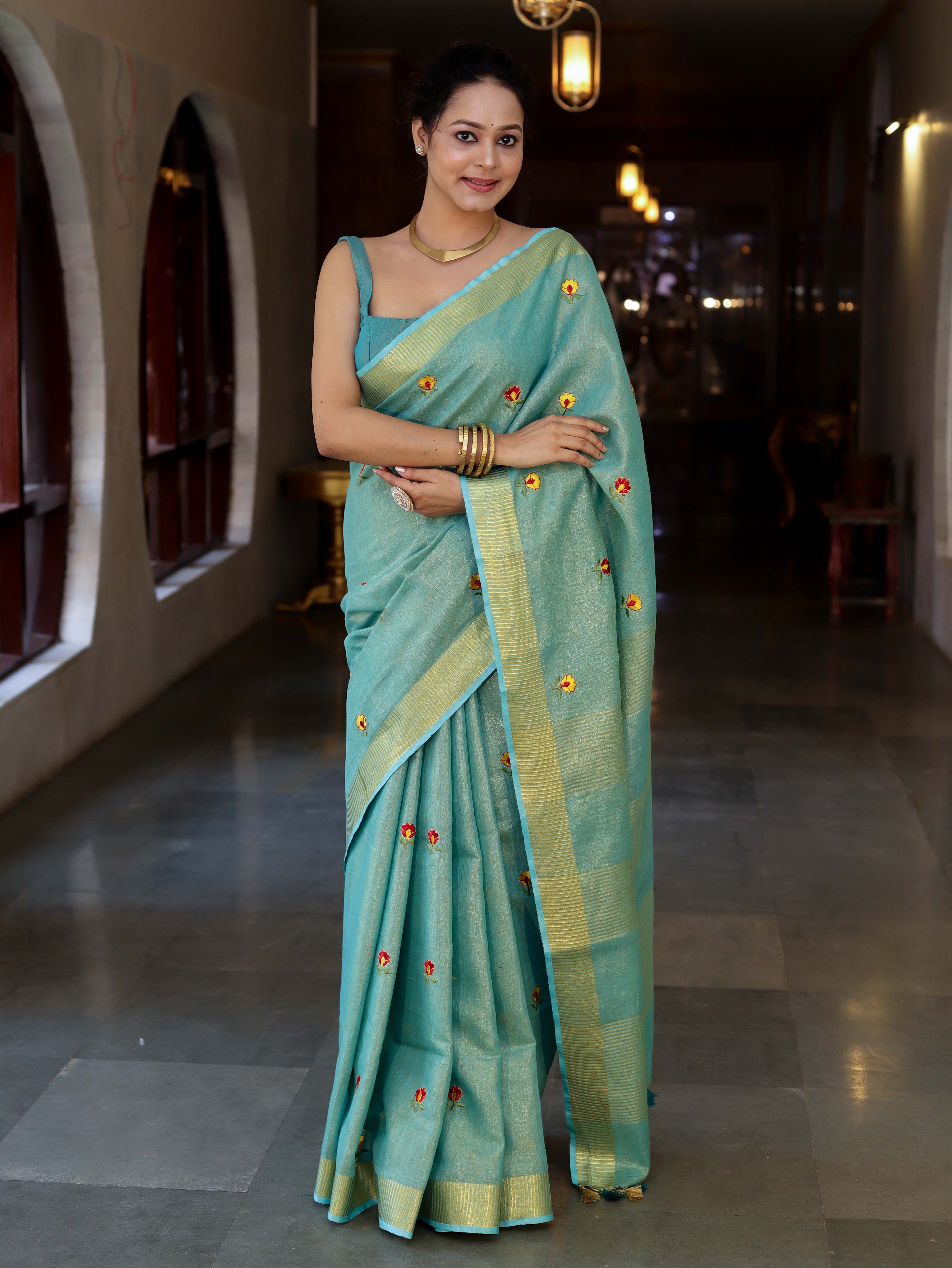 Bhagalpur Handloom Linen Tissue Metallic Shine Saree With Hand Woven Floral Motifs-Mint Blue