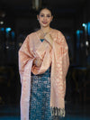 Banarasee Brocade Salwar Kameez Fabric With Jaal Design Contrast Dupatta-Teal Blue & Peach