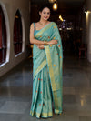 Bhagalpur Handloom Linen Tissue Metallic Shine Saree With Hand Woven Floral Motifs-Mint Blue