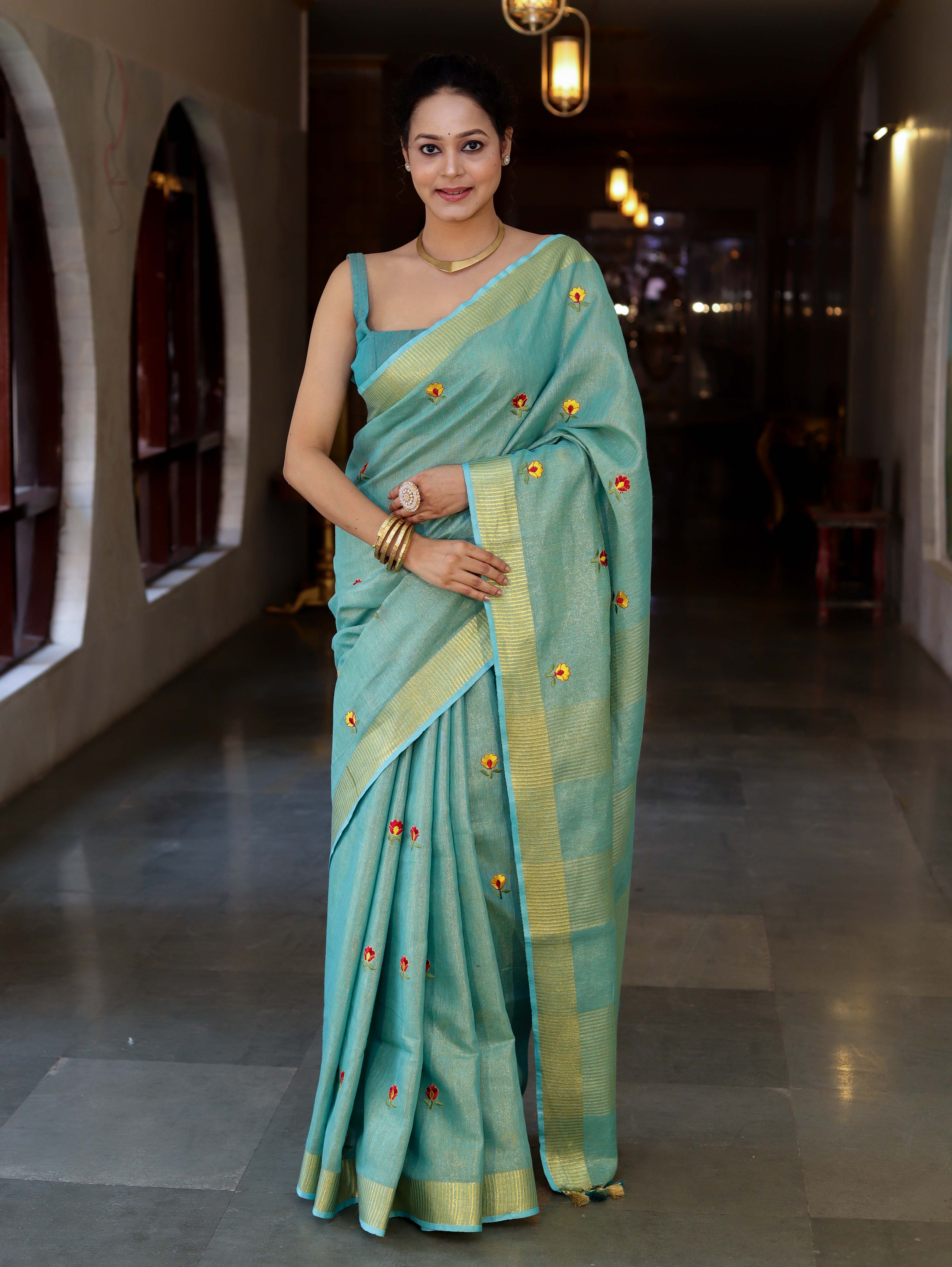 Bhagalpur Handloom Linen Tissue Metallic Shine Saree With Hand Woven Floral Motifs-Mint Blue