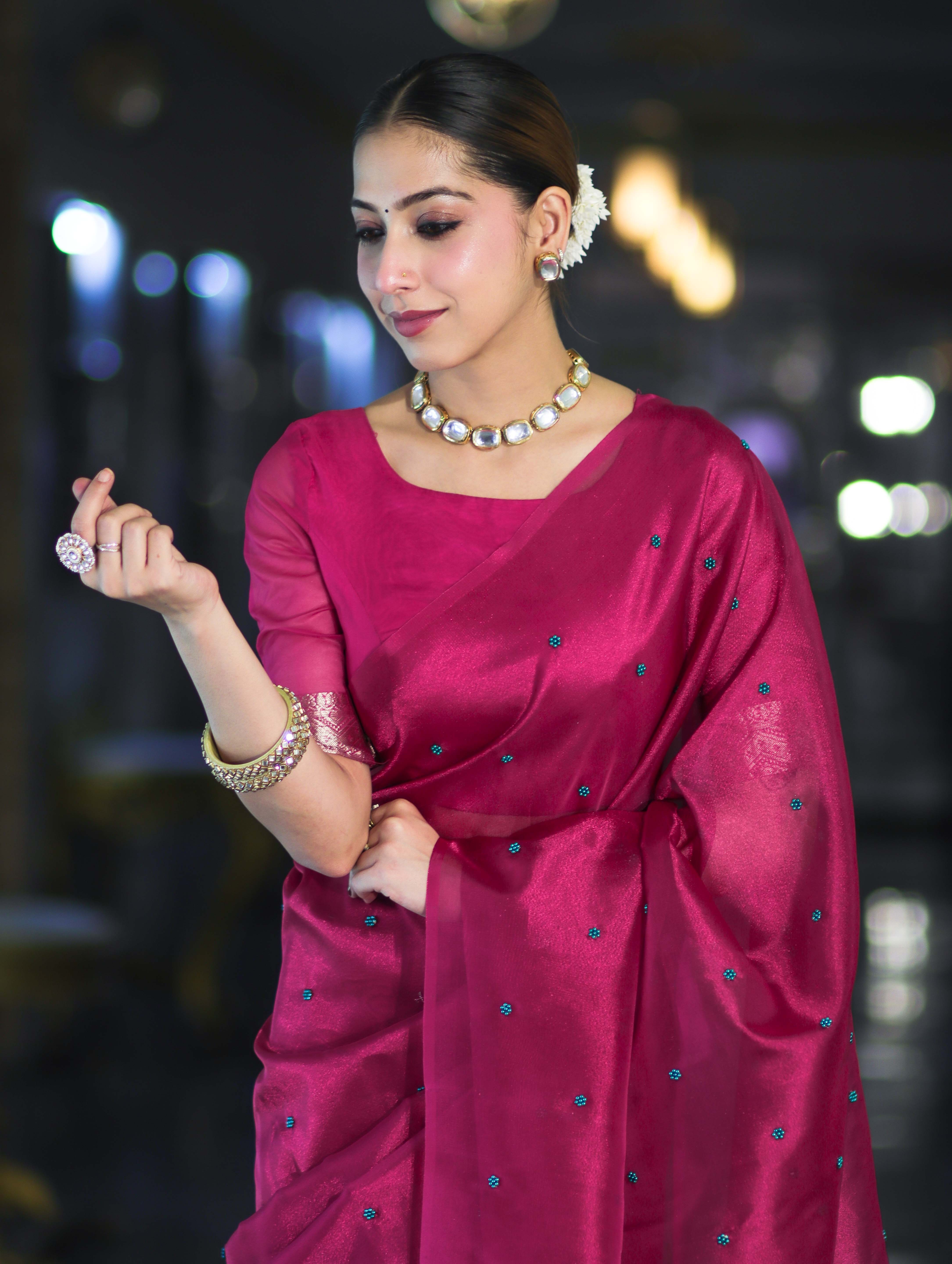 Banarasee Handwoven Tissue Saree With Handwoven Pearl Motifs-Pink