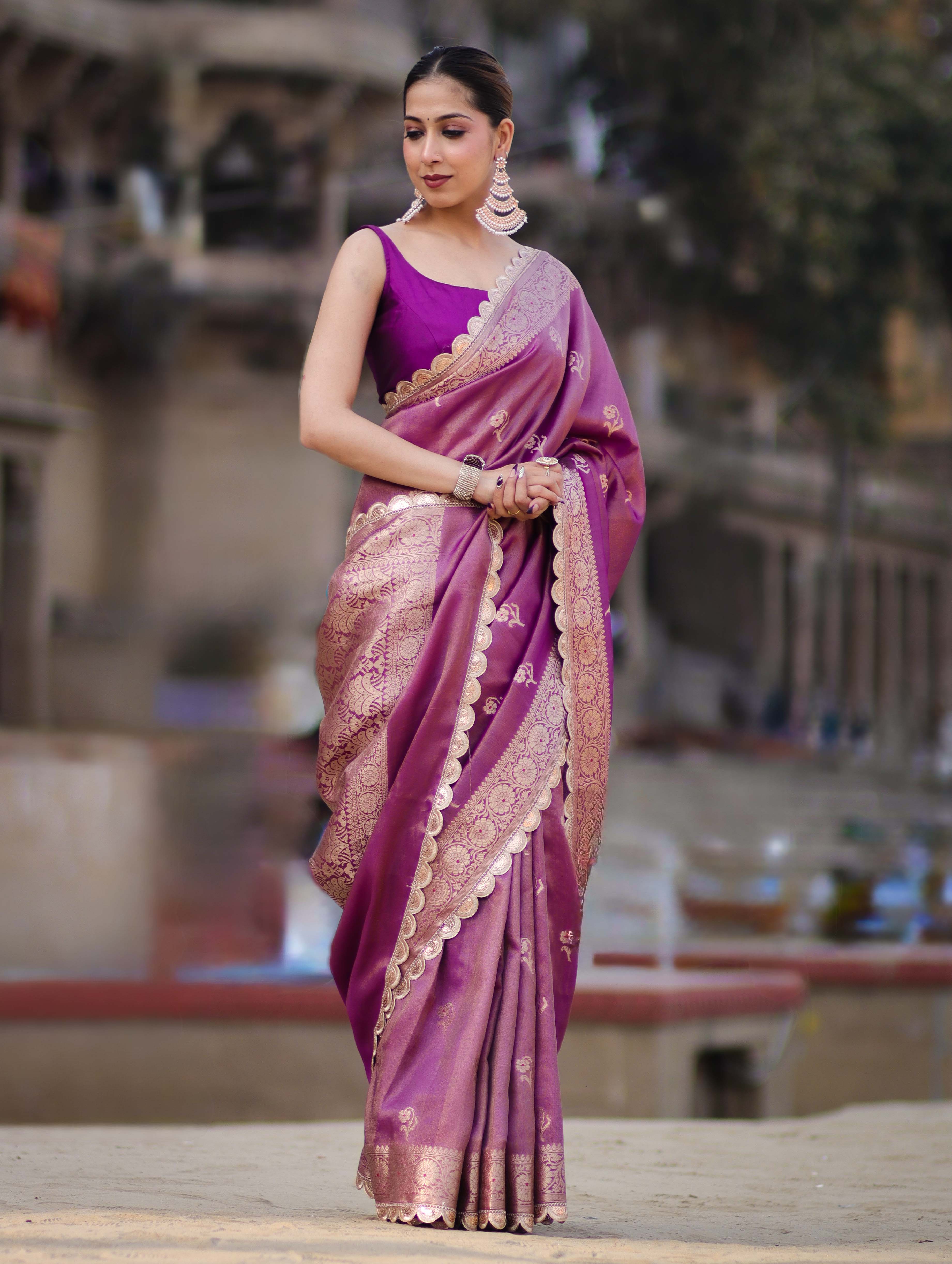 Banarasee Handloom Tissue Saree With Zari Buta Design Border & Lace-Lilac