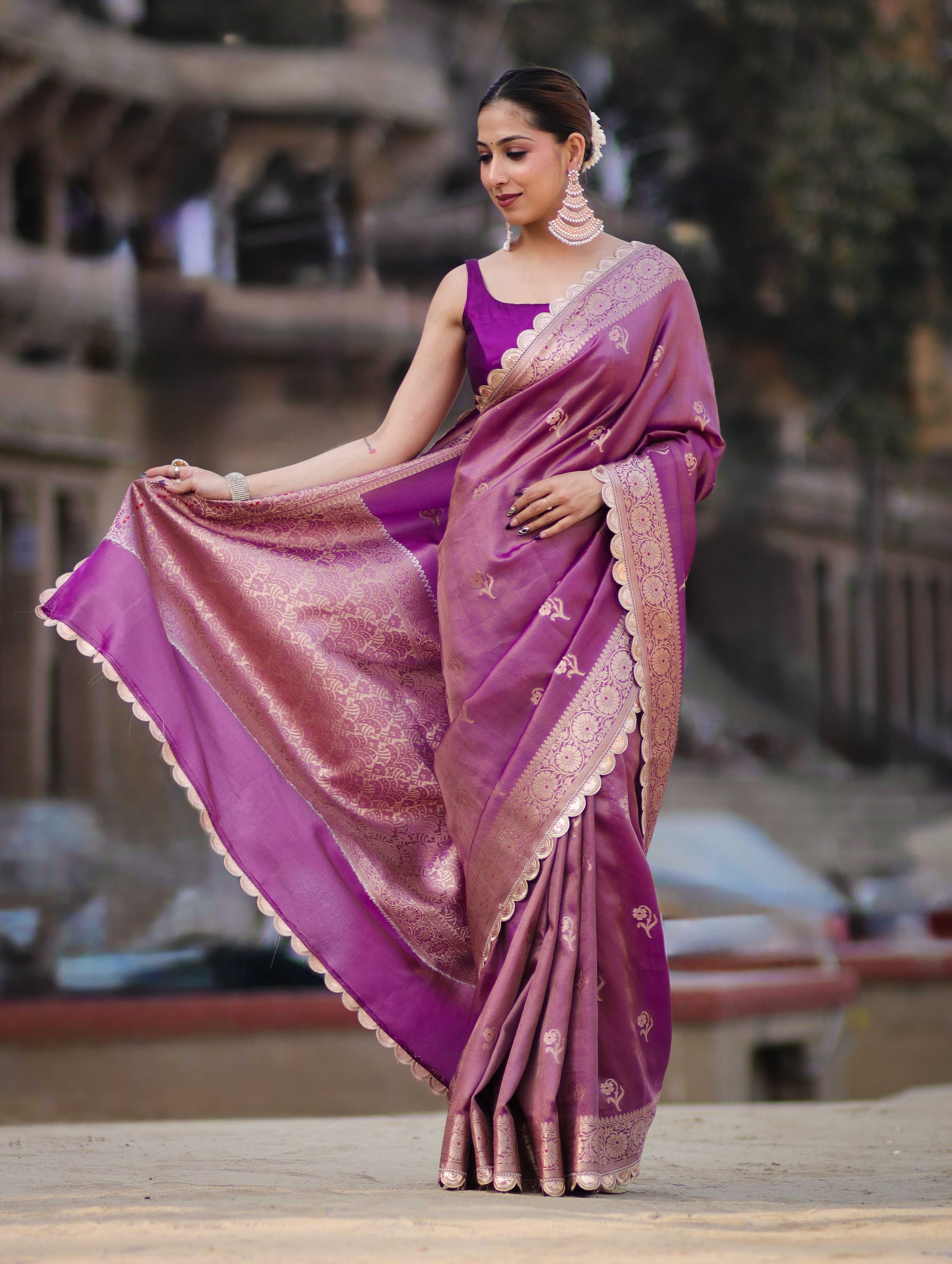 Banarasee Handloom Tissue Saree With Zari Buta Design Border & Lace-Lilac