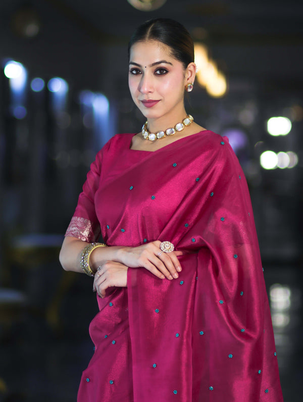 Banarasee Handwoven Tissue Saree With Handwoven Pearl Motifs-Pink