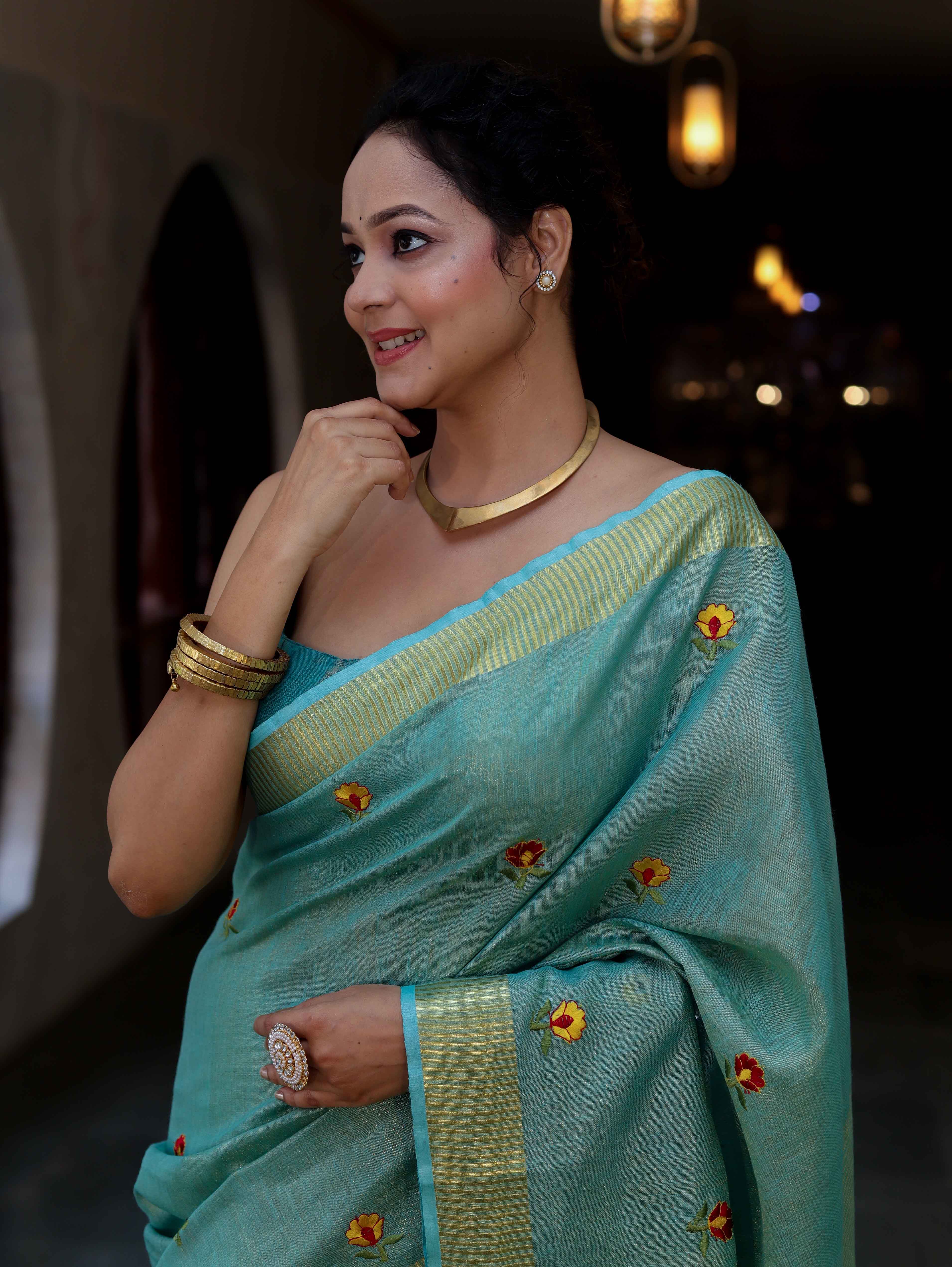 Bhagalpur Handloom Linen Tissue Metallic Shine Saree With Hand Woven Floral Motifs-Mint Blue