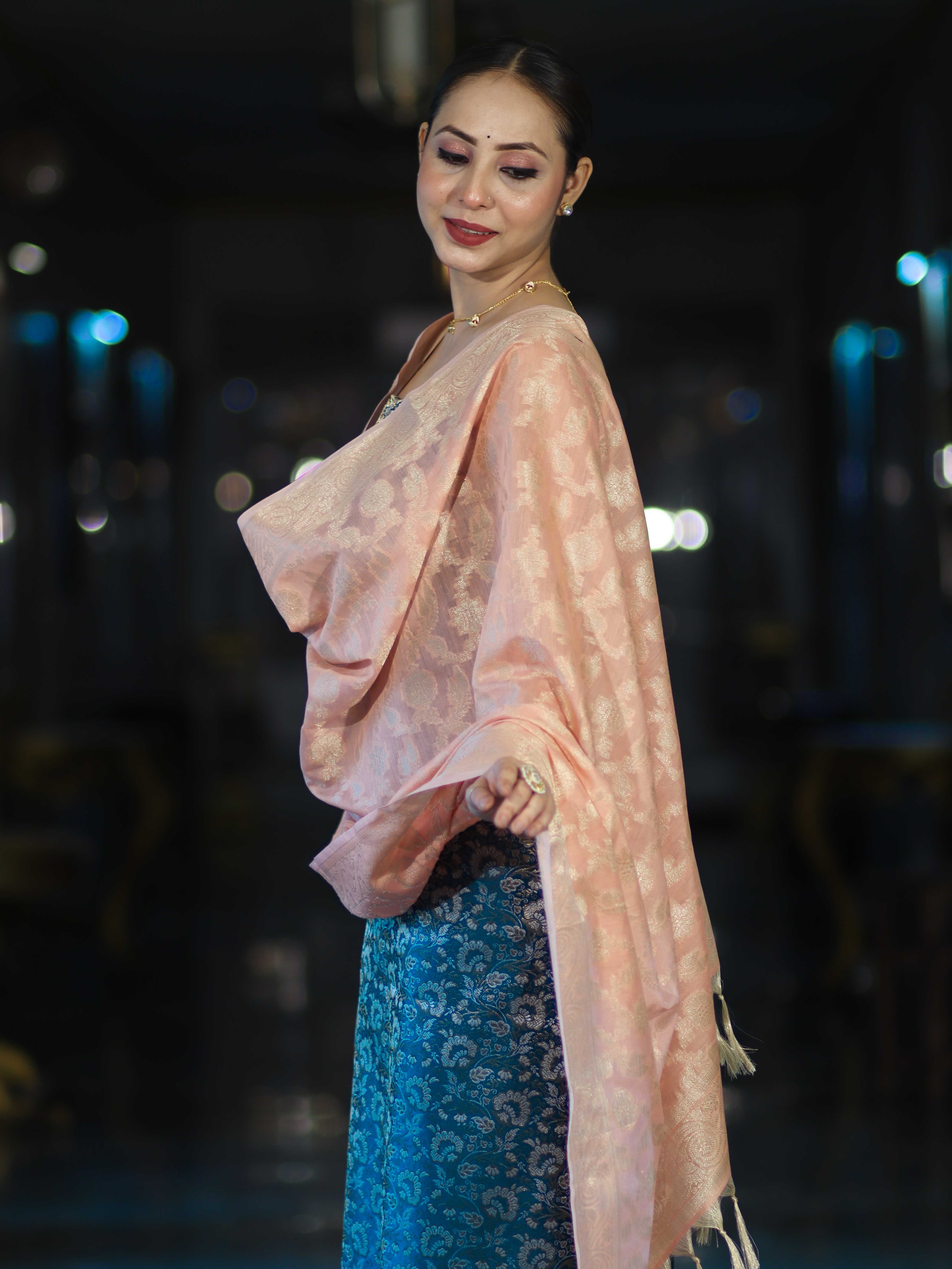 Banarasee Brocade Salwar Kameez Fabric With Jaal Design Contrast Dupatta-Teal Blue & Peach