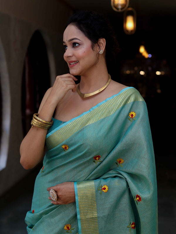 Bhagalpur Handloom Linen Tissue Metallic Shine Saree With Hand Woven Floral Motifs-Mint Blue