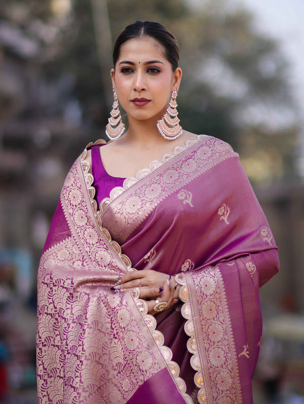 Banarasee Handloom Tissue Saree With Zari Buta Design Border & Lace-Lilac