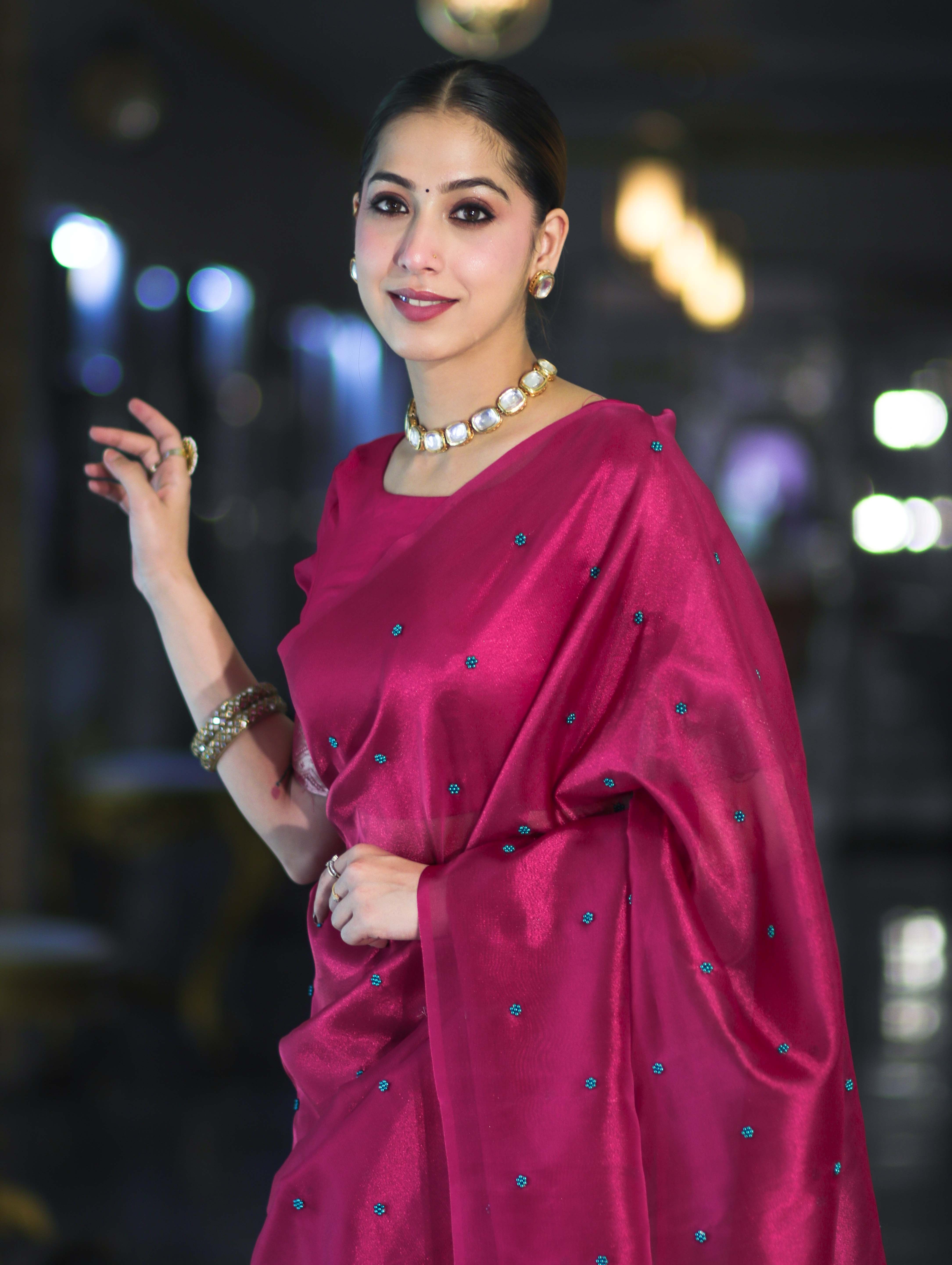 Banarasee Handwoven Tissue Saree With Handwoven Pearl Motifs-Pink