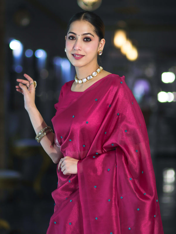 Banarasee Handwoven Tissue Saree With Handwoven Pearl Motifs-Pink