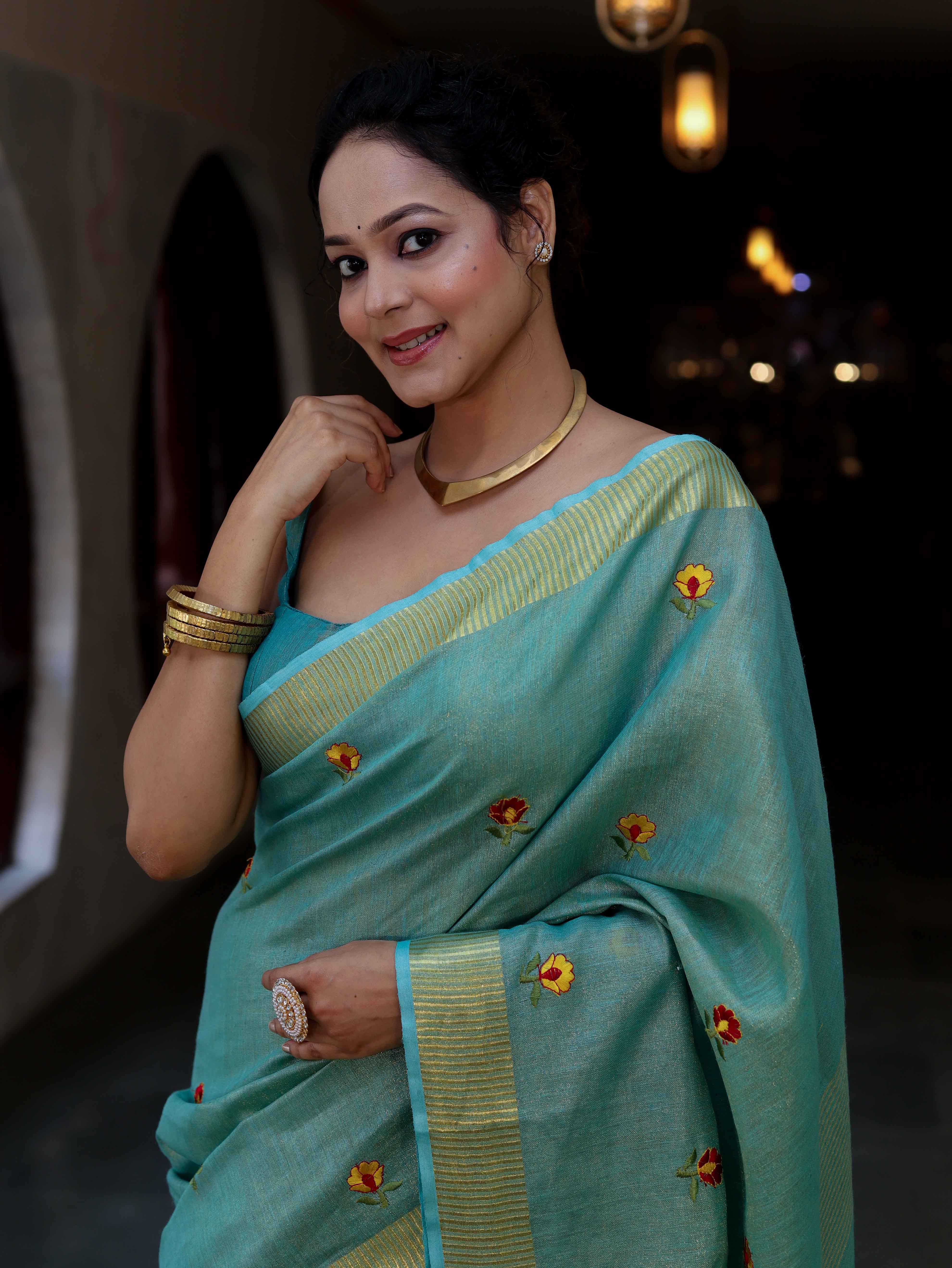 Bhagalpur Handloom Linen Tissue Metallic Shine Saree With Hand Woven Floral Motifs-Mint Blue