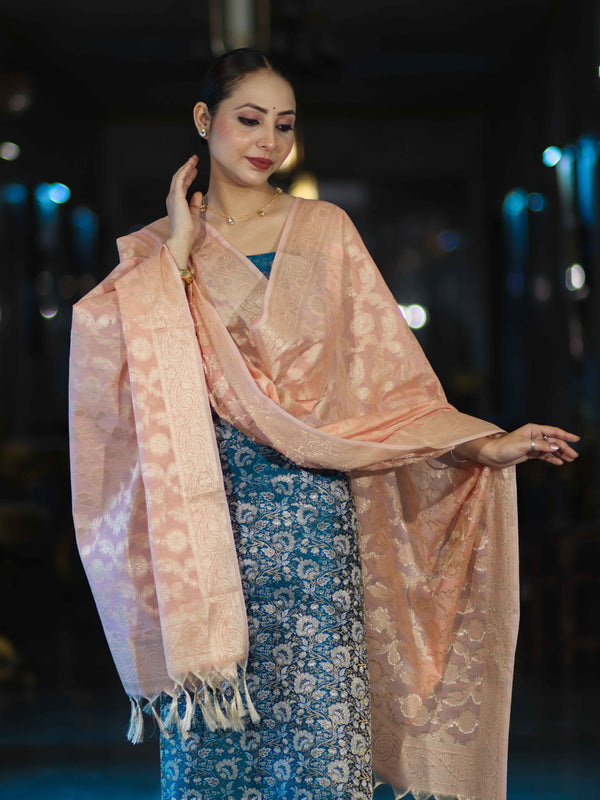 Banarasee Brocade Salwar Kameez Fabric With Jaal Design Contrast Dupatta-Teal Blue & Peach