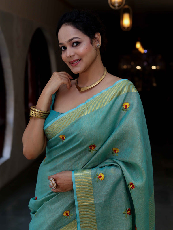 Bhagalpur Handloom Linen Tissue Metallic Shine Saree With Hand Woven Floral Motifs-Mint Blue