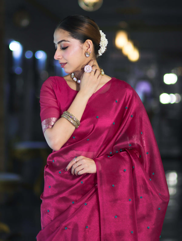 Banarasee Handwoven Tissue Saree With Handwoven Pearl Motifs-Pink