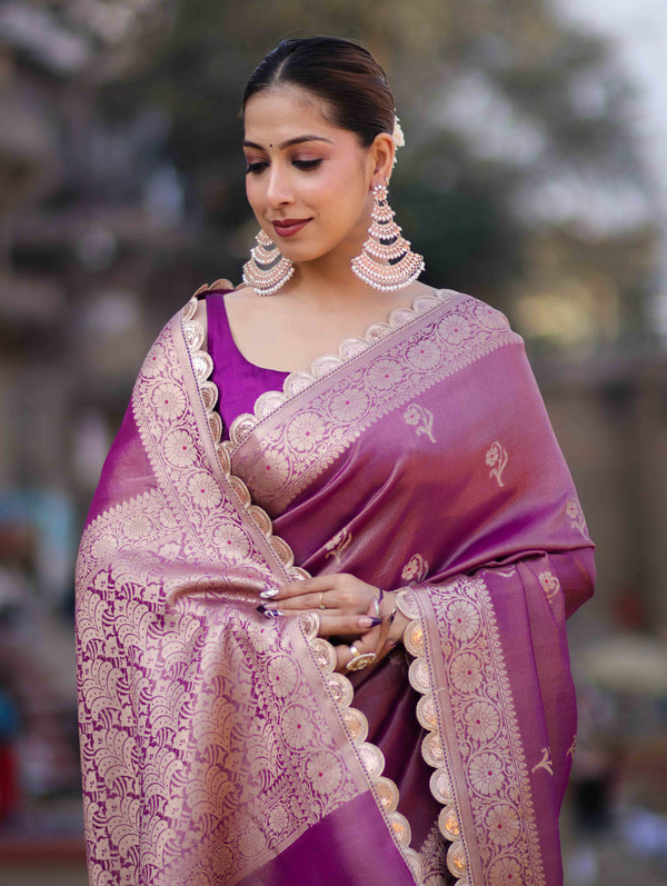 Banarasee Handloom Tissue Saree With Zari Buta Design Border & Lace-Lilac