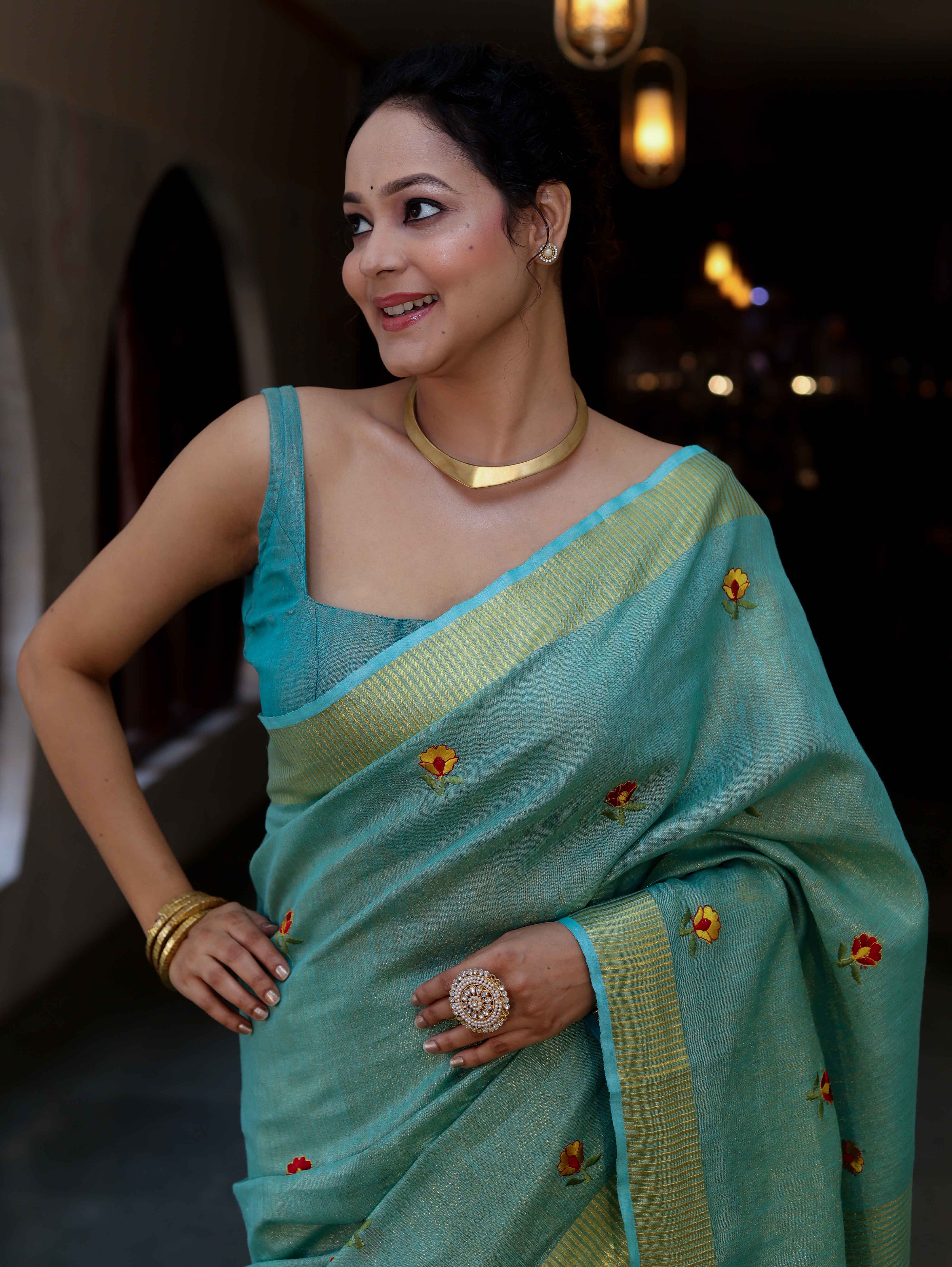 Bhagalpur Handloom Linen Tissue Metallic Shine Saree With Hand Woven Floral Motifs-Mint Blue