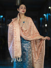 Banarasee Brocade Salwar Kameez Fabric With Jaal Design Contrast Dupatta-Teal Blue & Peach