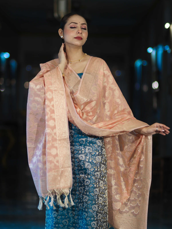 Banarasee Brocade Salwar Kameez Fabric With Jaal Design Contrast Dupatta-Teal Blue & Peach