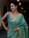 Bhagalpur Handloom Linen Tissue Metallic Shine Saree With Hand Woven Floral Motifs-Mint Blue