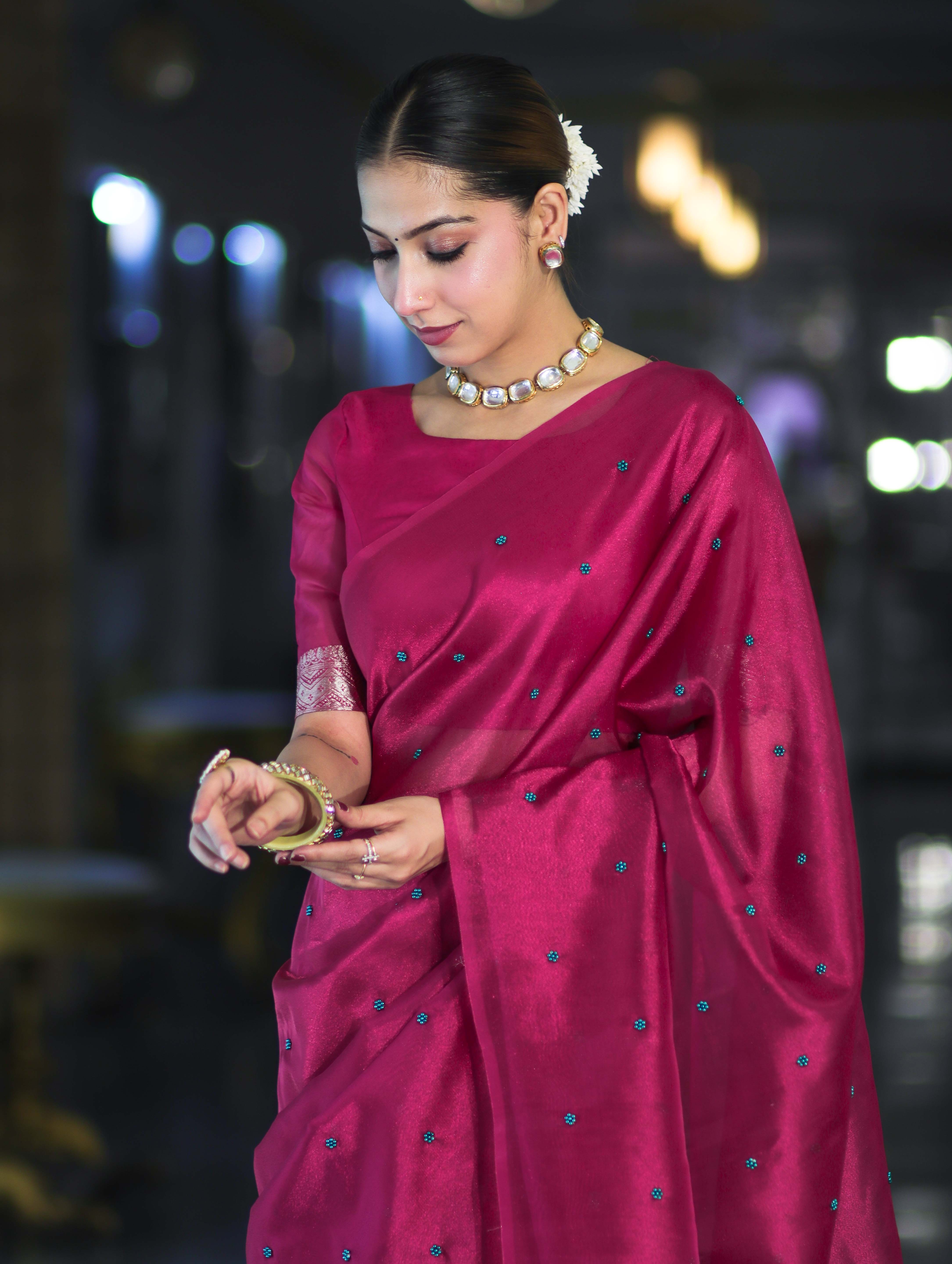 Banarasee Handwoven Tissue Saree With Handwoven Pearl Motifs-Pink