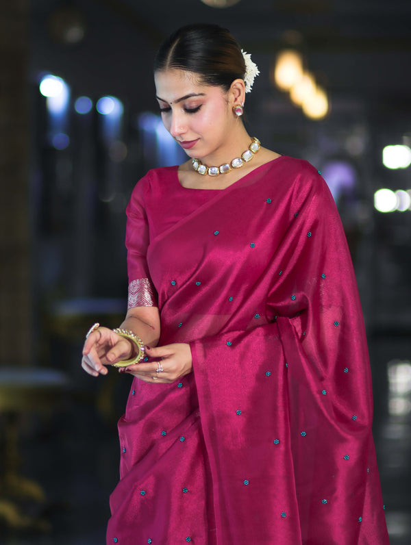 Banarasee Handwoven Tissue Saree With Handwoven Pearl Motifs-Pink