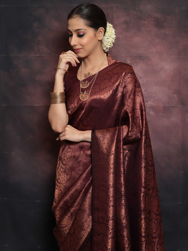 Banarasee Kubera Pattu Soft Silk Saree With Copper Zari Work-Wine