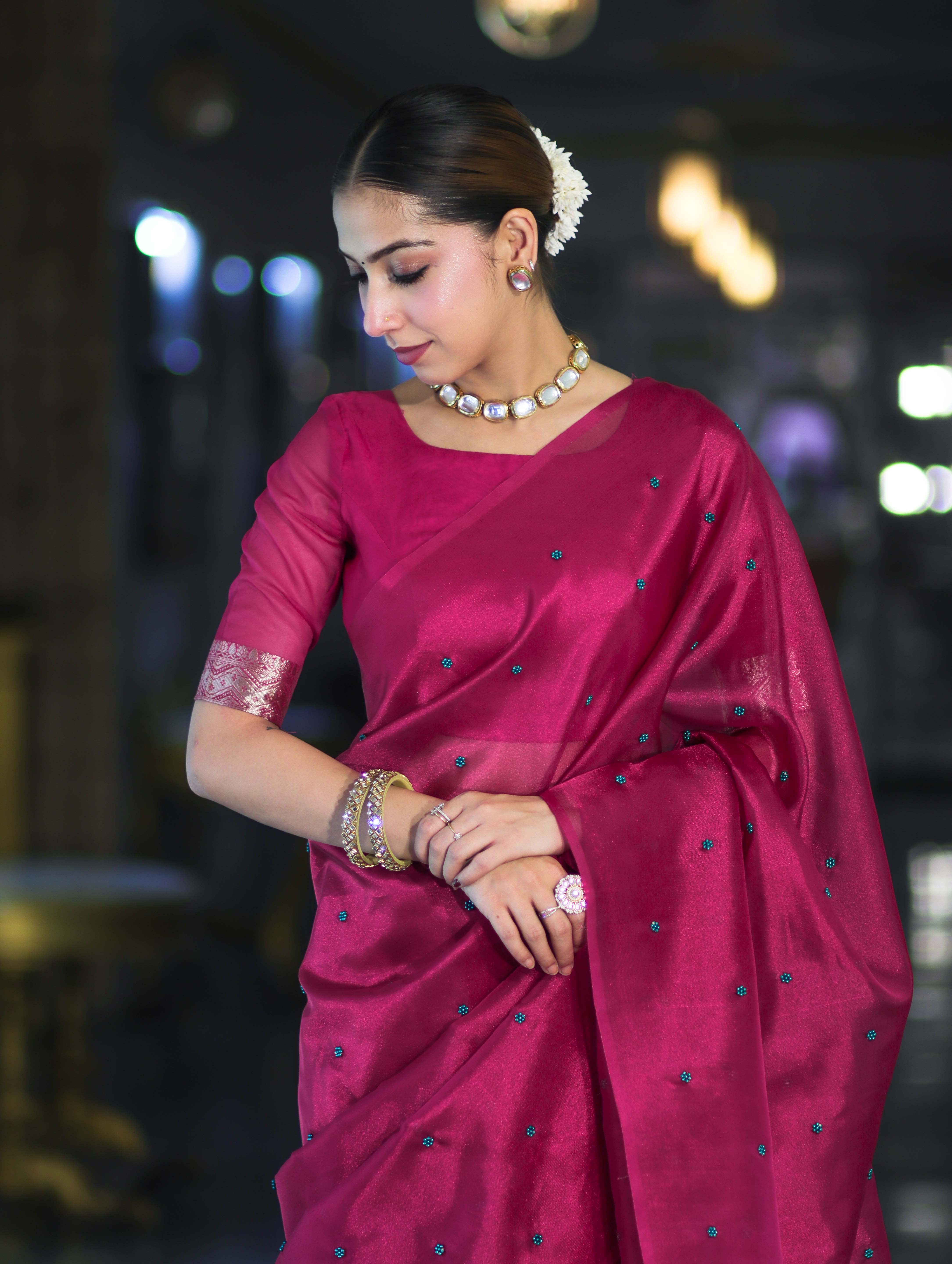 Banarasee Handwoven Tissue Saree With Handwoven Pearl Motifs-Pink