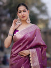 Banarasee Handloom Tissue Saree With Zari Buta Design Border & Lace-Lilac