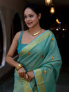 Bhagalpur Handloom Linen Tissue Metallic Shine Saree With Hand Woven Floral Motifs-Mint Blue