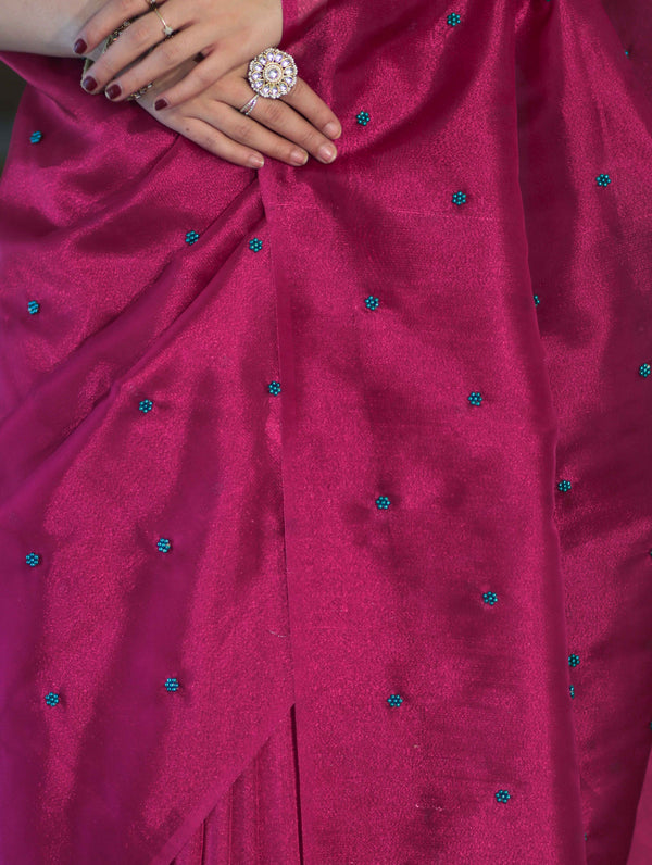 Banarasee Handwoven Tissue Saree With Handwoven Pearl Motifs-Pink