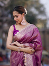 Banarasee Handloom Tissue Saree With Zari Buta Design Border & Lace-Lilac