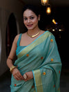 Bhagalpur Handloom Linen Tissue Metallic Shine Saree With Hand Woven Floral Motifs-Mint Blue