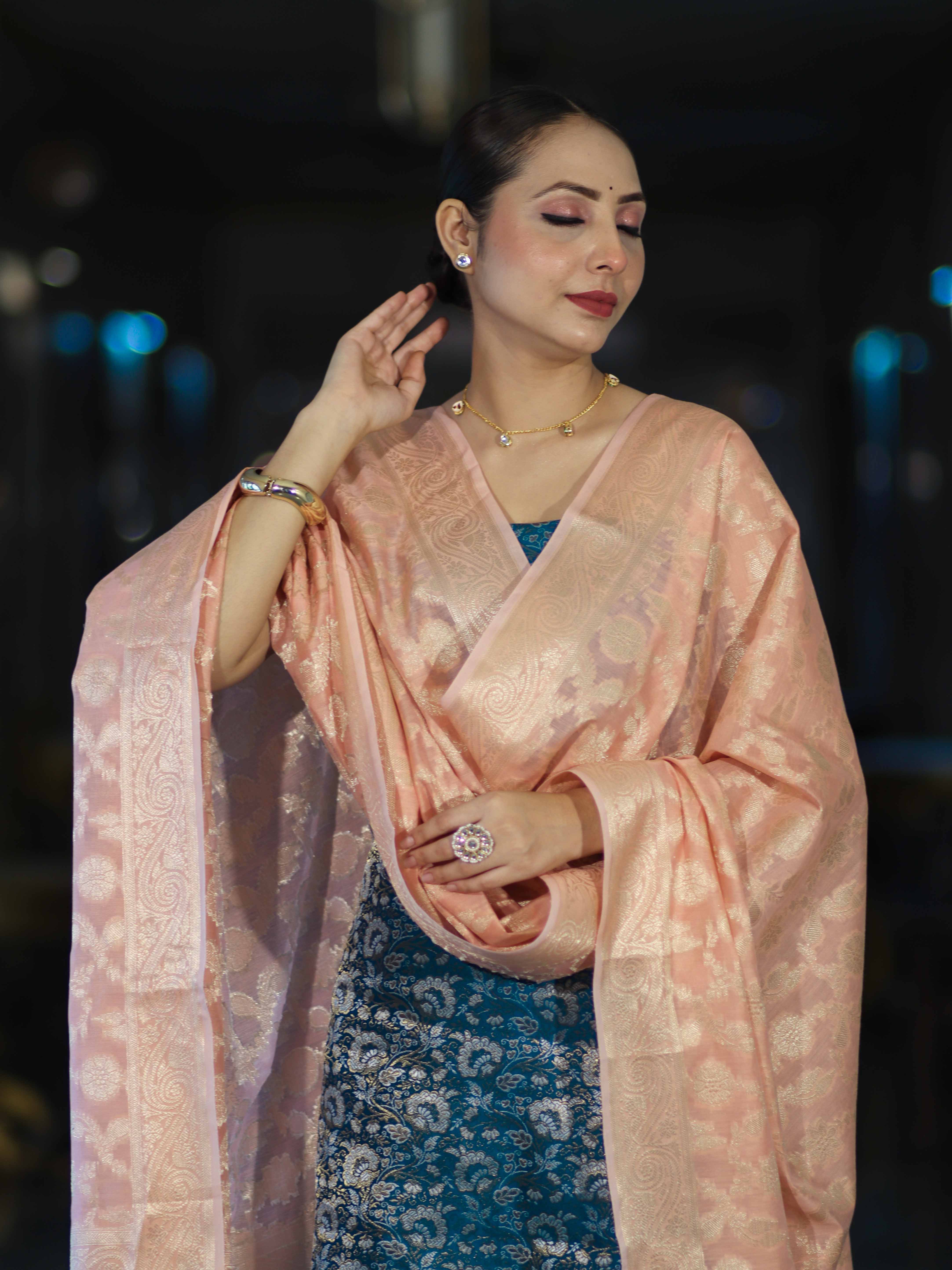 Banarasee Brocade Salwar Kameez Fabric With Jaal Design Contrast Dupatta-Teal Blue & Peach