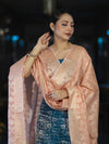 Banarasee Brocade Salwar Kameez Fabric With Jaal Design Contrast Dupatta-Teal Blue & Peach