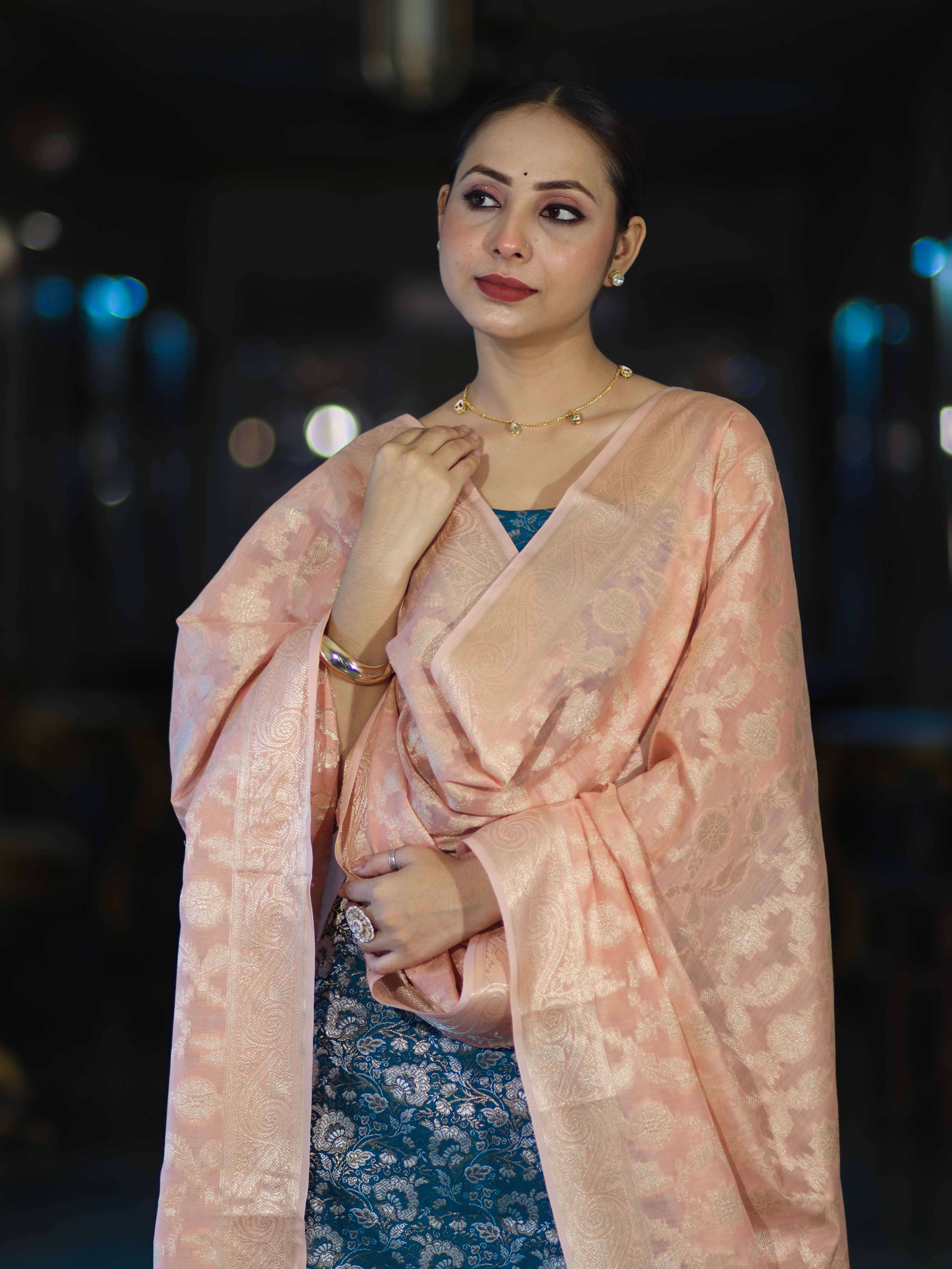 Banarasee Brocade Salwar Kameez Fabric With Jaal Design Contrast Dupatta-Teal Blue & Peach