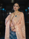 Banarasee Brocade Salwar Kameez Fabric With Jaal Design Contrast Dupatta-Teal Blue & Peach