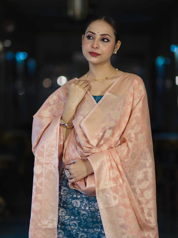 Banarasee Brocade Salwar Kameez Fabric With Jaal Design Contrast Dupatta-Teal Blue & Peach
