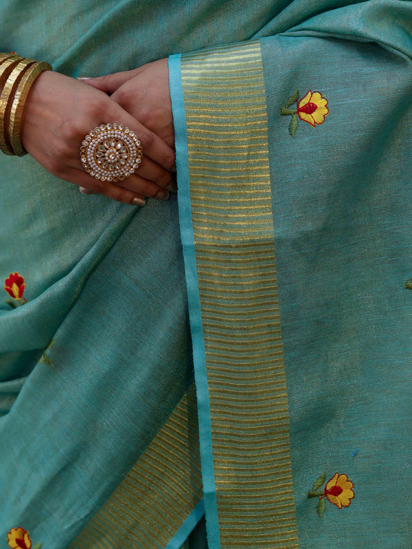 Bhagalpur Handloom Linen Tissue Metallic Shine Saree With Hand Woven Floral Motifs-Mint Blue