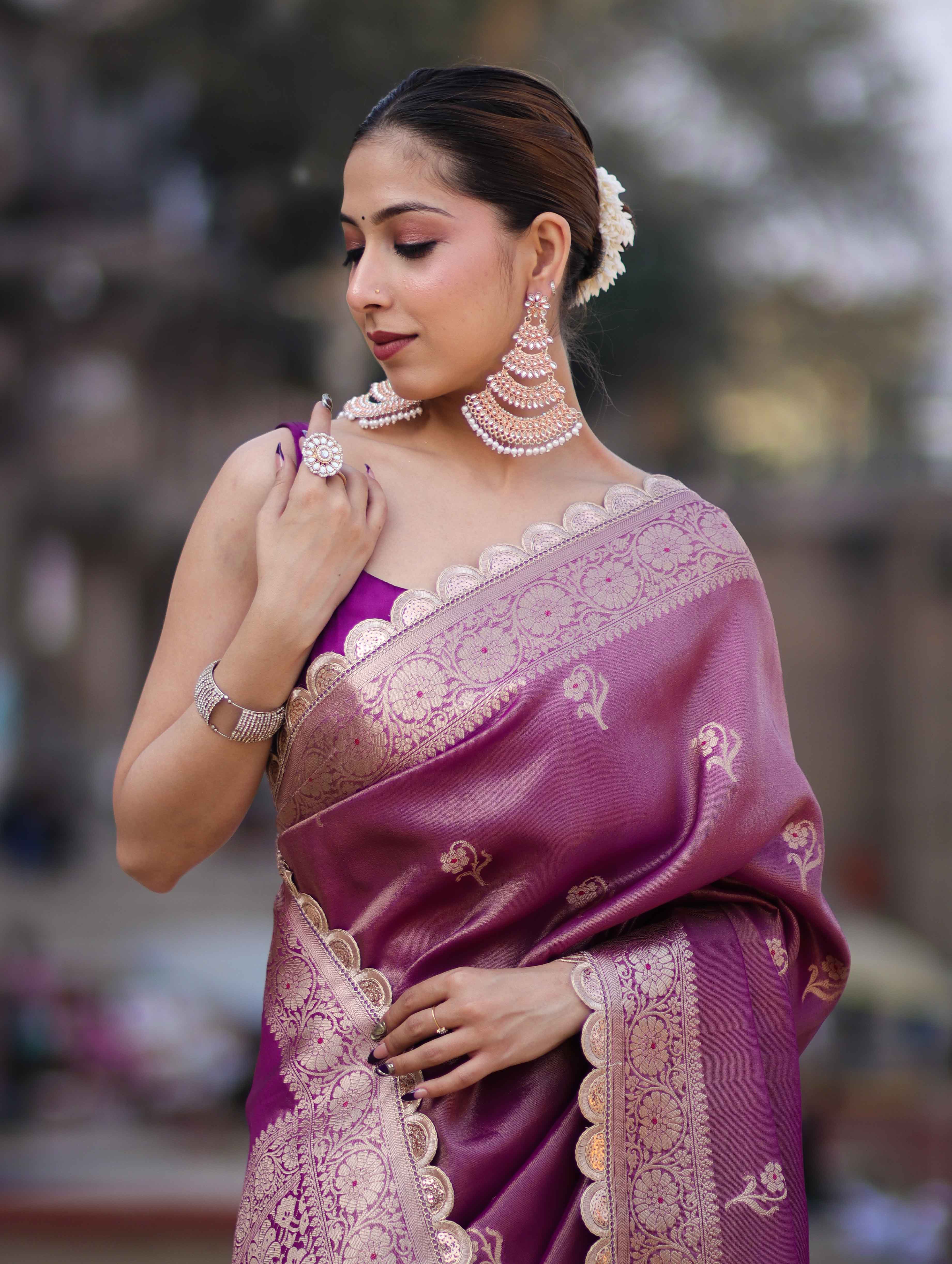 Banarasee Handloom Tissue Saree With Zari Buta Design Border & Lace-Lilac