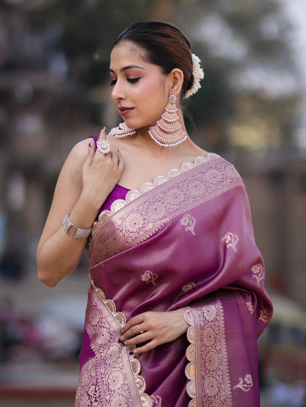Banarasee Handloom Tissue Saree With Zari Buta Design Border & Lace-Lilac