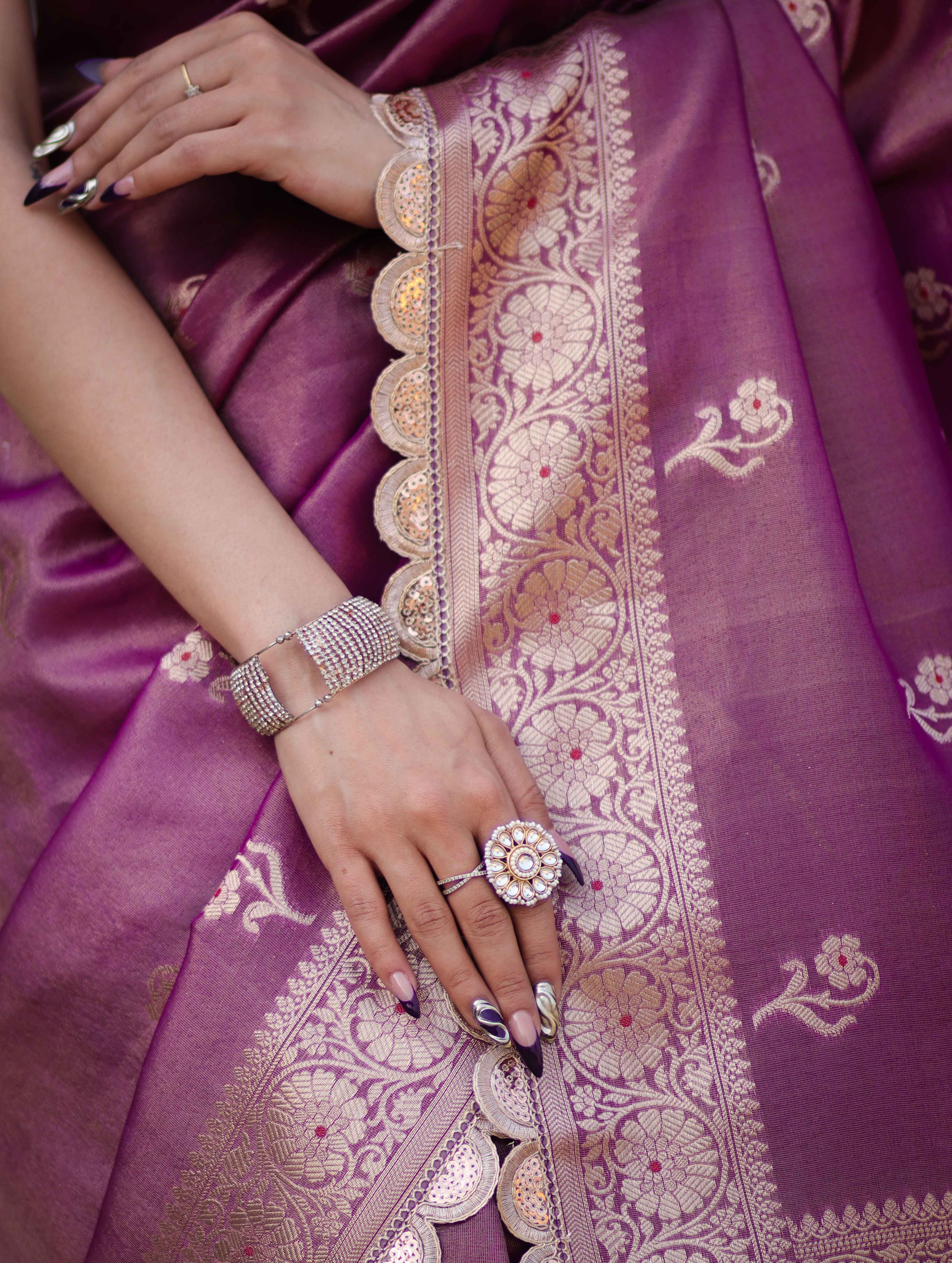 Banarasee Handloom Tissue Saree With Zari Buta Design Border & Lace-Lilac