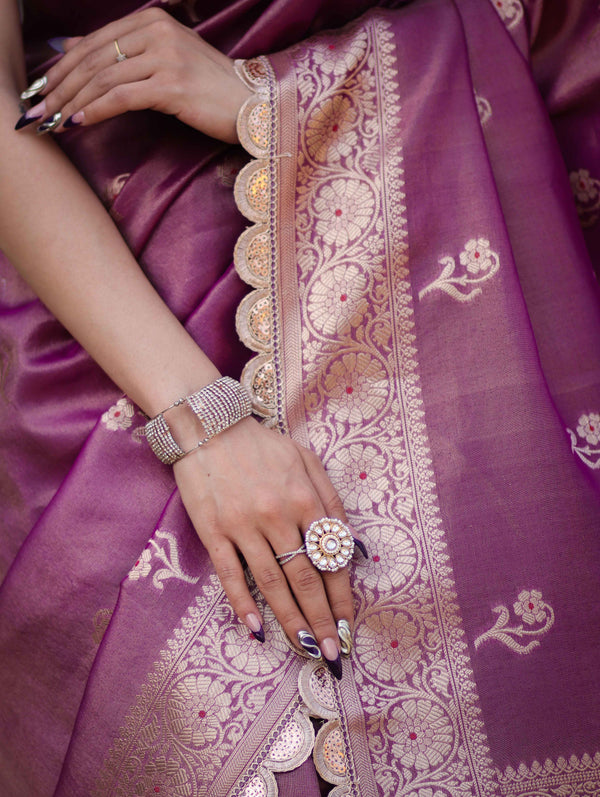 Banarasee Handloom Tissue Saree With Zari Buta Design Border & Lace-Lilac