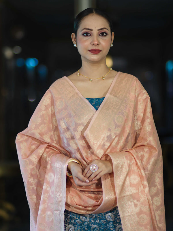 Banarasee Brocade Salwar Kameez Fabric With Jaal Design Contrast Dupatta-Teal Blue & Peach