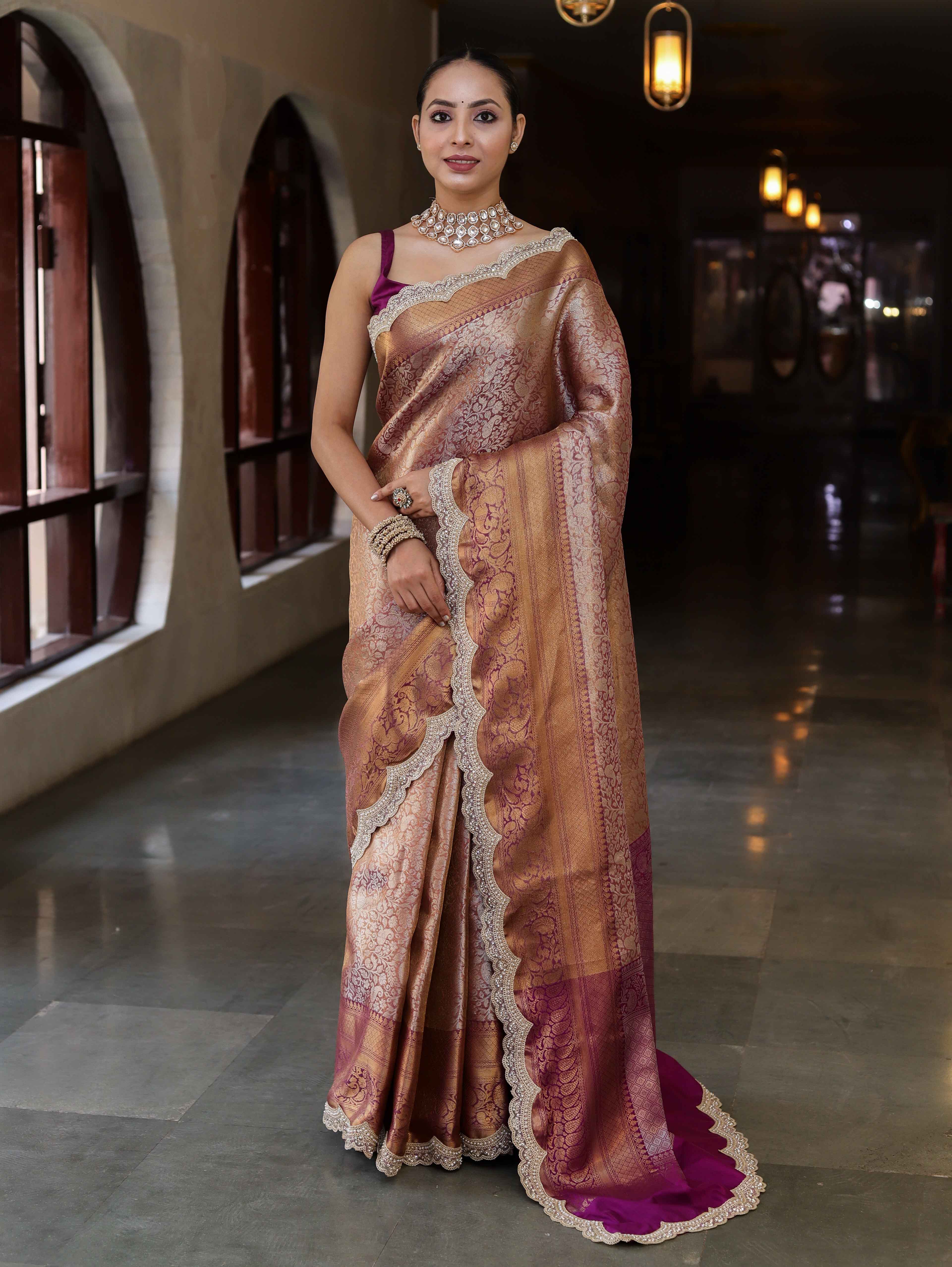 Banarasee Handwoven Dual Tone Tissue Saree With Zari Woven Design Contrast Border & Lace-Rust & Purple